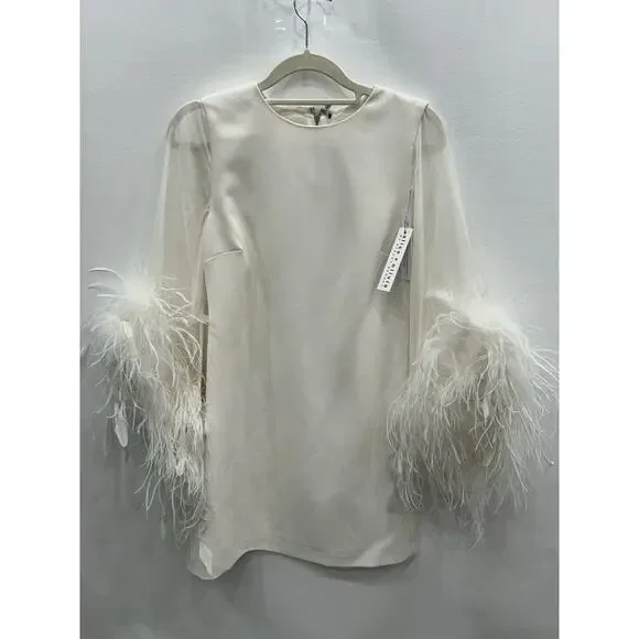 NWT Alice + Olivia Women's White Silk Izola Feather Detail Mini Dress Sz 2 FLAW Mini